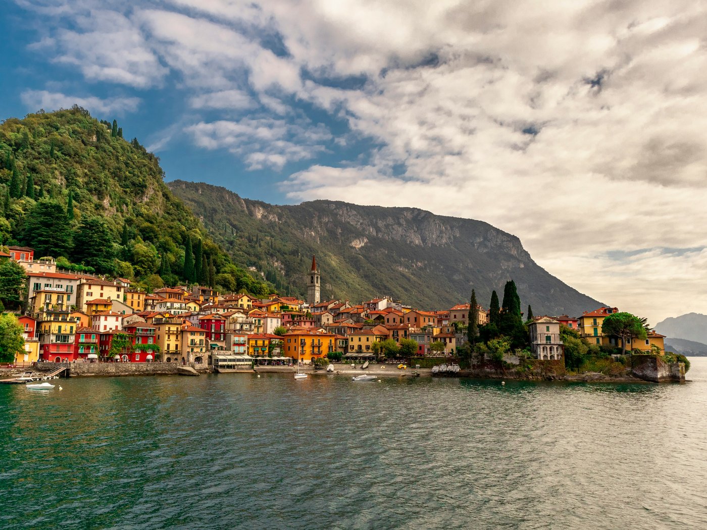 Varenna on Lake Como — colourful lakefront town, mountains, sunlight