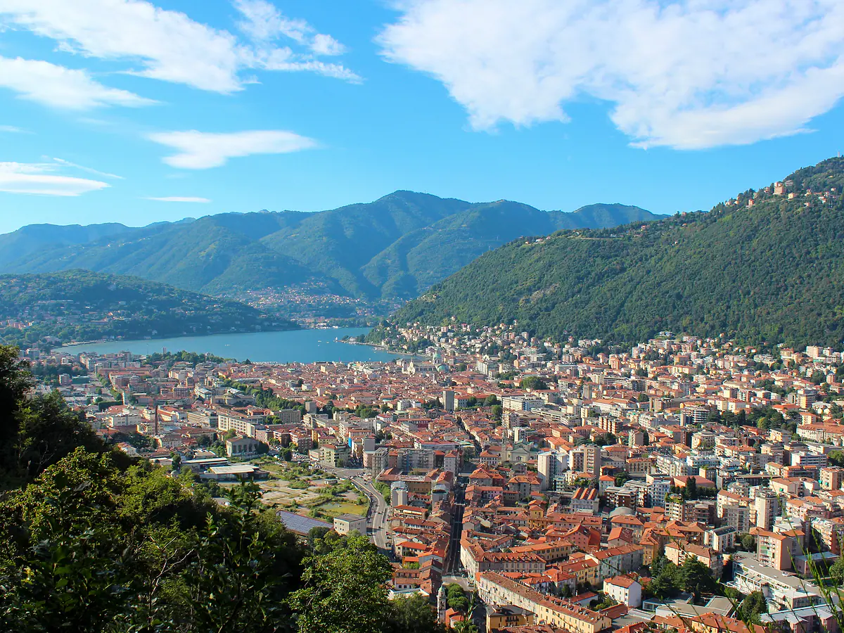 Como and the southern arm of Lake Como, seen from the hills above the city.